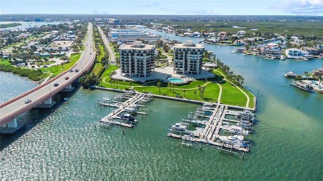 birds eye view of property featuring a water view