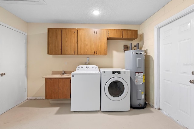 laundry area with washing machine and dryer, cabinet space, and electric water heater