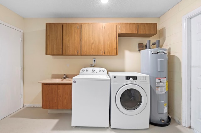 laundry room featuring water heater, cabinet space, a sink, and washer and clothes dryer