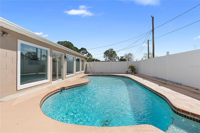 view of pool featuring a fenced backyard, a patio, and a fenced in pool