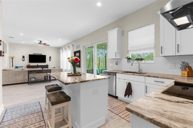 32924 Estate Garden Dr, Wesley Chapel, FL 33545 - kitchen featuring ventilation hood, a sink, stainless steel dishwasher, and white cabinetry