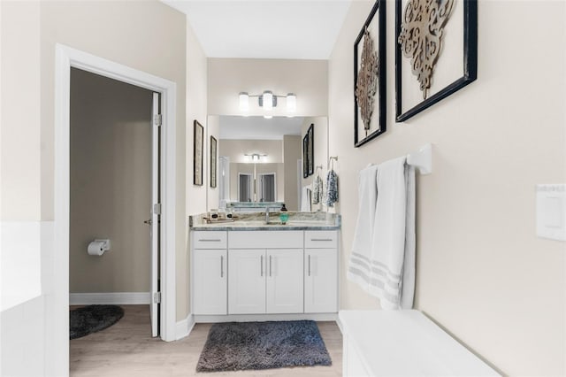 32924 Estate Garden Dr, Wesley Chapel, FL 33545 - bathroom featuring vanity, baseboards, and wood finished floors