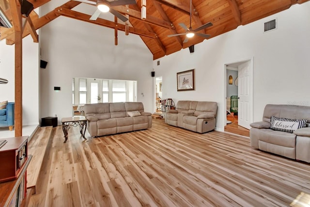 living room with light wood finished floors, visible vents, wooden ceiling, ceiling fan, and beamed ceiling