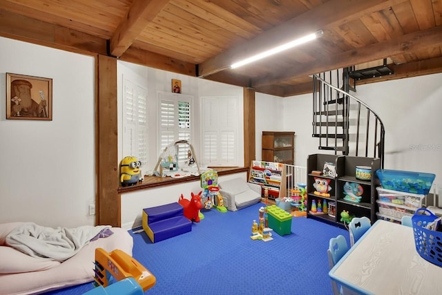 game room featuring wood ceiling, carpet flooring, and beam ceiling