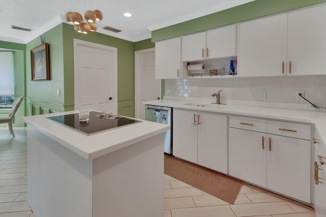 kitchen with decorative backsplash, black electric stovetop, white cabinets, a sink, and dishwasher