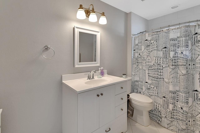full bath featuring toilet, tile patterned floors, a shower with curtain, and vanity