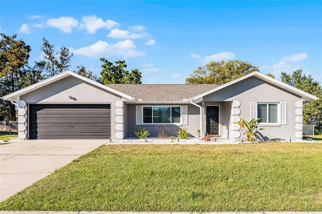 ranch-style home featuring stucco siding, a front lawn, driveway, roof with shingles, and a garage