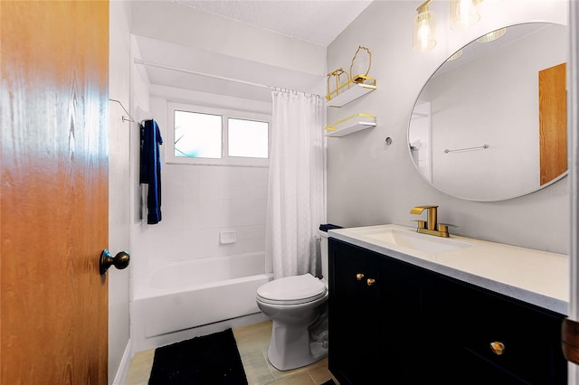 bathroom with toilet, shower / bath combo with shower curtain, and vanity