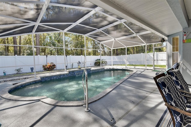 view of pool featuring a fenced in pool, a lanai, a fenced backyard, and a patio