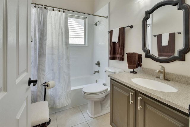 bathroom with toilet, shower / tub combo, tile patterned flooring, and vanity