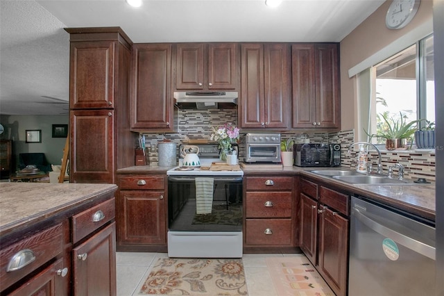 kitchen with backsplash, stainless steel dishwasher, a sink, range with electric cooktop, and under cabinet range hood