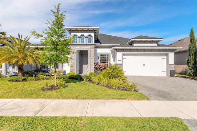 view of front of property featuring an attached garage, stone siding, decorative driveway, stucco siding, and a front lawn