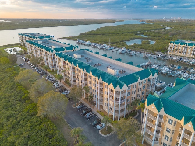 drone / aerial view featuring a water view