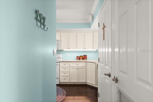 interior space featuring white appliances, dark wood-style flooring, white cabinets, light countertops, and ornamental molding