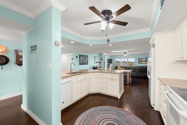 kitchen featuring white appliances, open floor plan, dark wood-style flooring, crown molding, and a sink