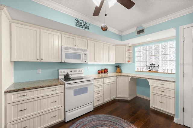 kitchen featuring dark wood finished floors, open shelves, visible vents, ornamental molding, and white appliances