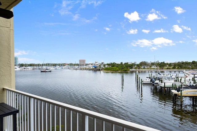 view of dock with a water view