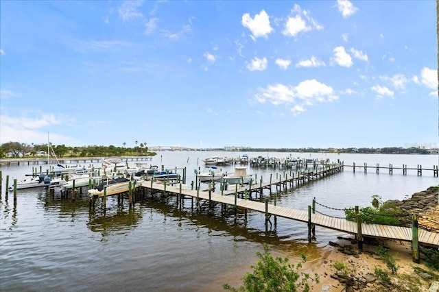 dock area with a water view and boat lift