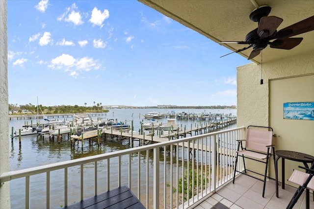 balcony featuring ceiling fan, a dock, and a water view