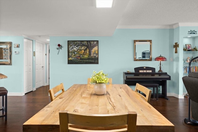 dining area with a textured ceiling, baseboards, dark wood finished floors, and crown molding