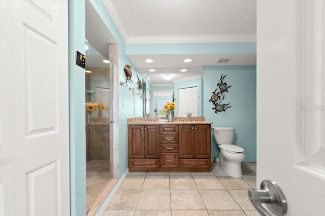 full bath with toilet, a sink, visible vents, ornamental molding, and a shower stall