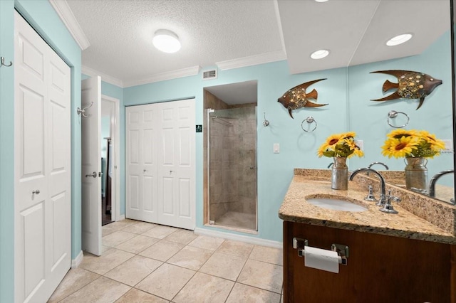 full bath with a stall shower, visible vents, crown molding, and a textured ceiling