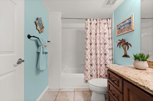 full bath featuring visible vents, toilet, shower / bath combo with shower curtain, vanity, and tile patterned floors