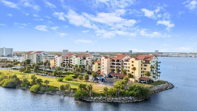 drone / aerial view with a water view and a city view