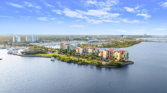 aerial view with a view of city and a water view