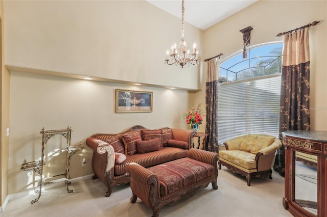 carpeted living room featuring a notable chandelier, high vaulted ceiling, and baseboards