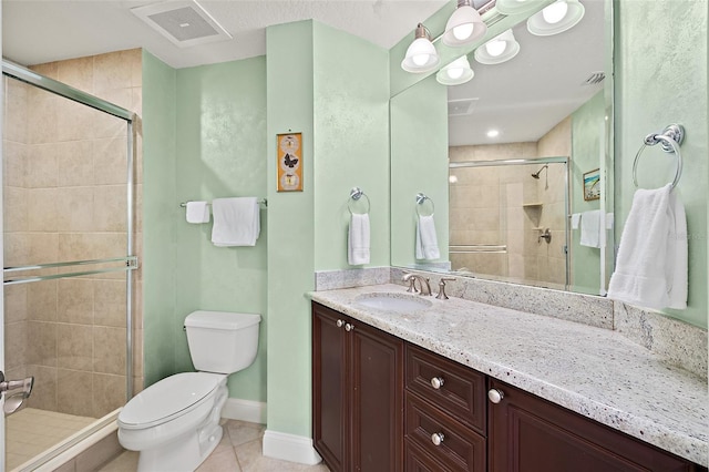 full bathroom with a stall shower, tile patterned flooring, and visible vents