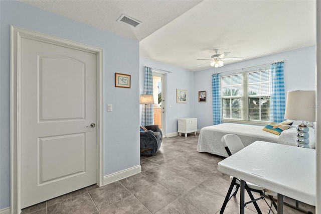 bedroom featuring ceiling fan, a textured ceiling, visible vents, and baseboards