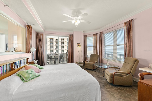 bedroom with ornamental molding, a ceiling fan, and access to exterior