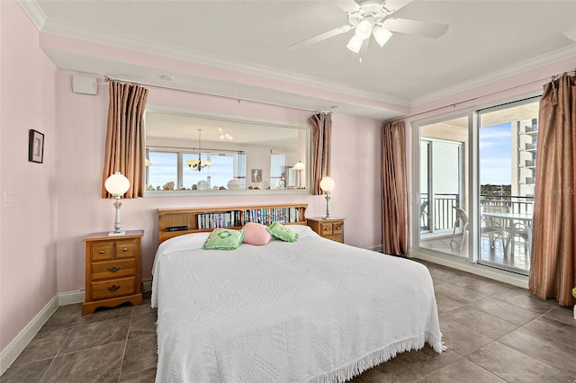 tiled bedroom with access to exterior, multiple windows, and crown molding