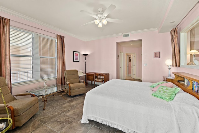 bedroom featuring visible vents, ornamental molding, and ceiling fan