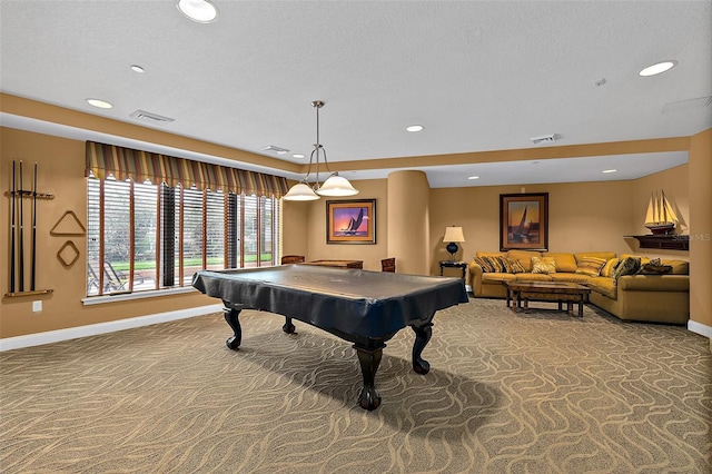 game room with carpet floors, recessed lighting, visible vents, and baseboards