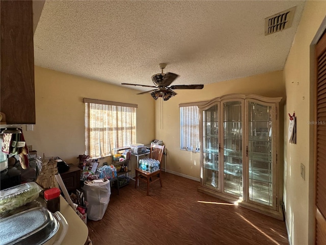 interior space featuring dark wood finished floors, visible vents, a ceiling fan, a textured ceiling, and baseboards