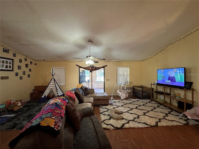 living area featuring vaulted ceiling, a textured ceiling, and wood finished floors