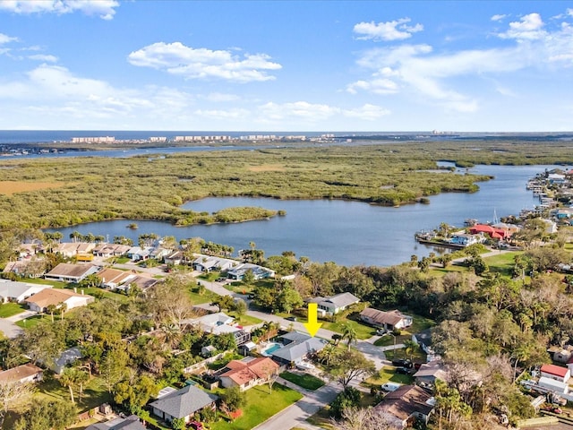 aerial view featuring a residential view and a water view