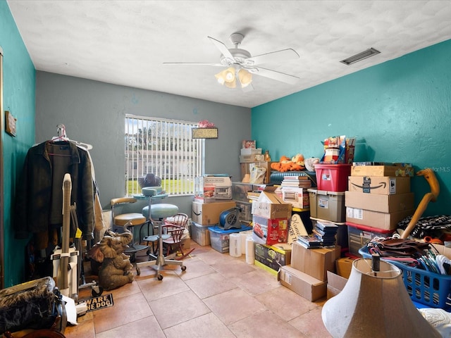 storage room featuring visible vents and ceiling fan