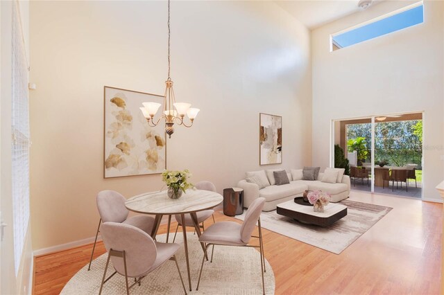 3691 Titanic Cir, Melbourne, FL 32903 - dining space with wood finished floors, plenty of natural light, a chandelier, a towering ceiling, and baseboards