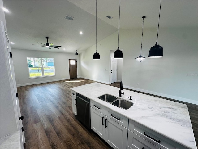 kitchen with visible vents, white cabinets, dishwasher, dark wood finished floors, and a sink