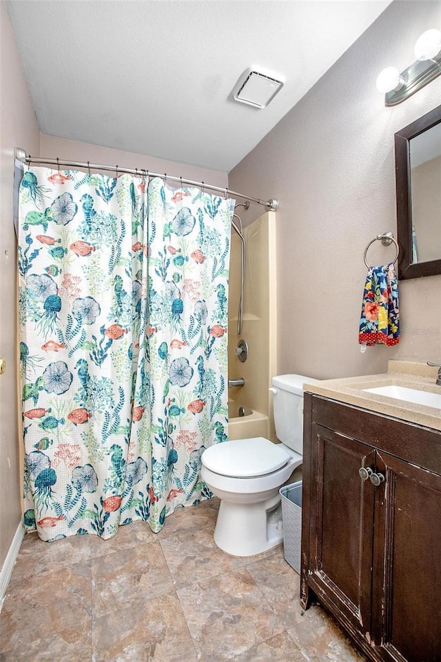 bathroom with toilet, shower / tub combo, vanity, and visible vents