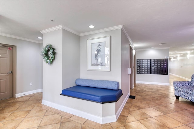 hallway featuring recessed lighting, baseboards, crown molding, and mail area