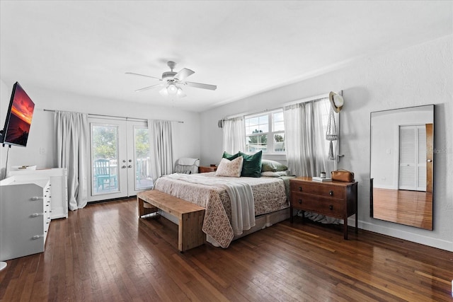 bedroom featuring hardwood / wood-style flooring, access to outside, baseboards, and french doors