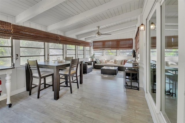 sunroom / solarium featuring lofted ceiling with beams and a ceiling fan