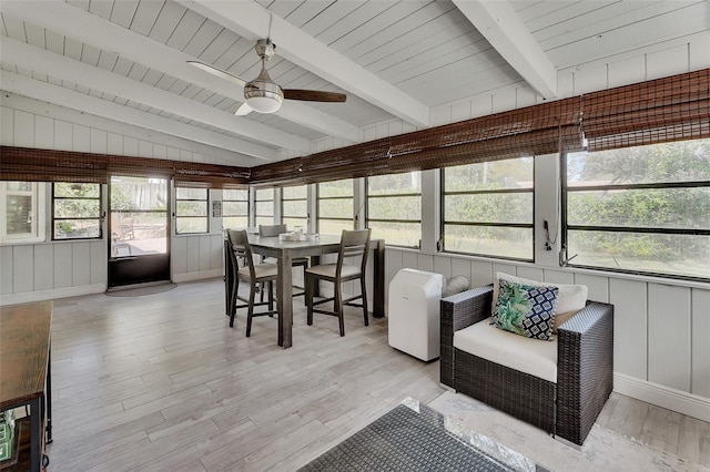 sunroom with wooden ceiling, ceiling fan, and lofted ceiling with beams