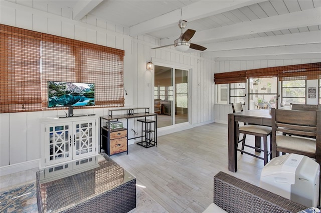 sunroom / solarium with beamed ceiling and a ceiling fan