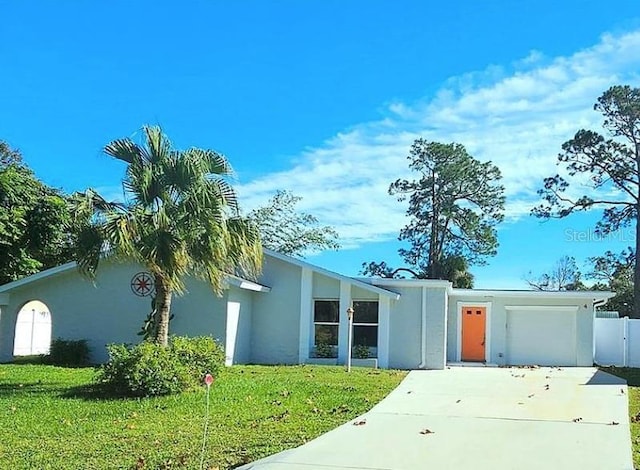 mid-century home with a garage, concrete driveway, stucco siding, fence, and a front yard