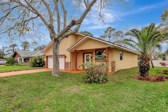 single story home featuring a garage, concrete driveway, a front lawn, and stucco siding